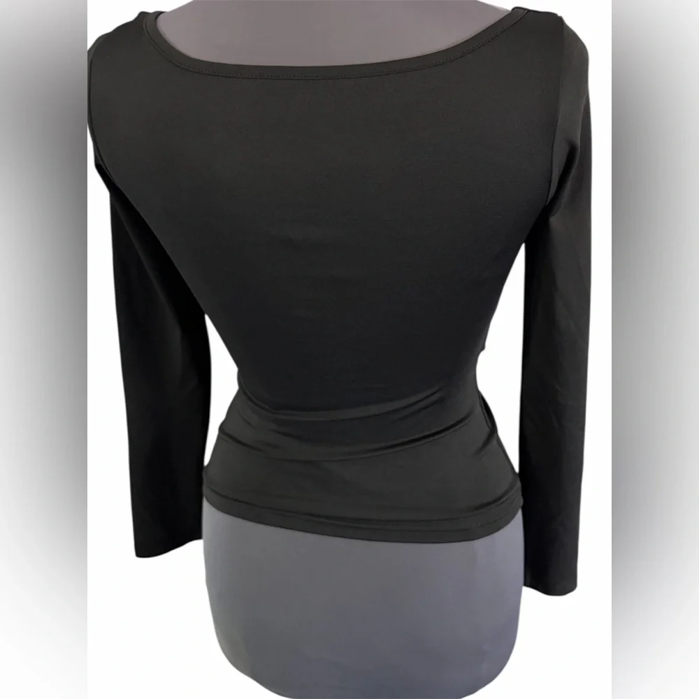Black Plunge Neck Ruched Bust Long Sleeve Top Y2K Stretch - Picture 3 of 4